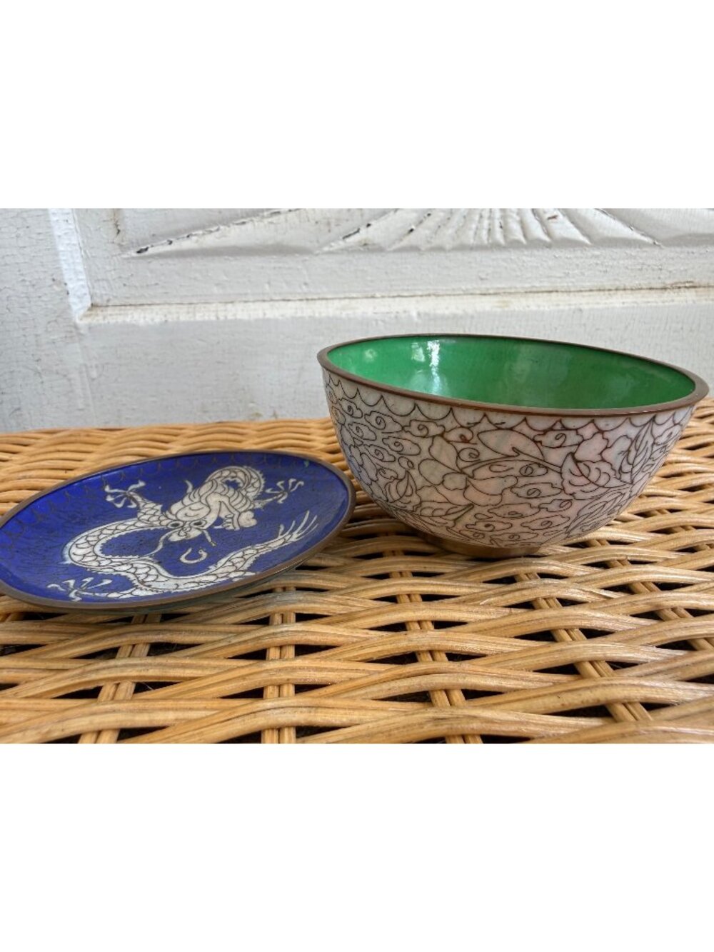 Vintage 1930s Chinese Cloisonne Enamel Bowl And Dragon Trinket Dish Plate